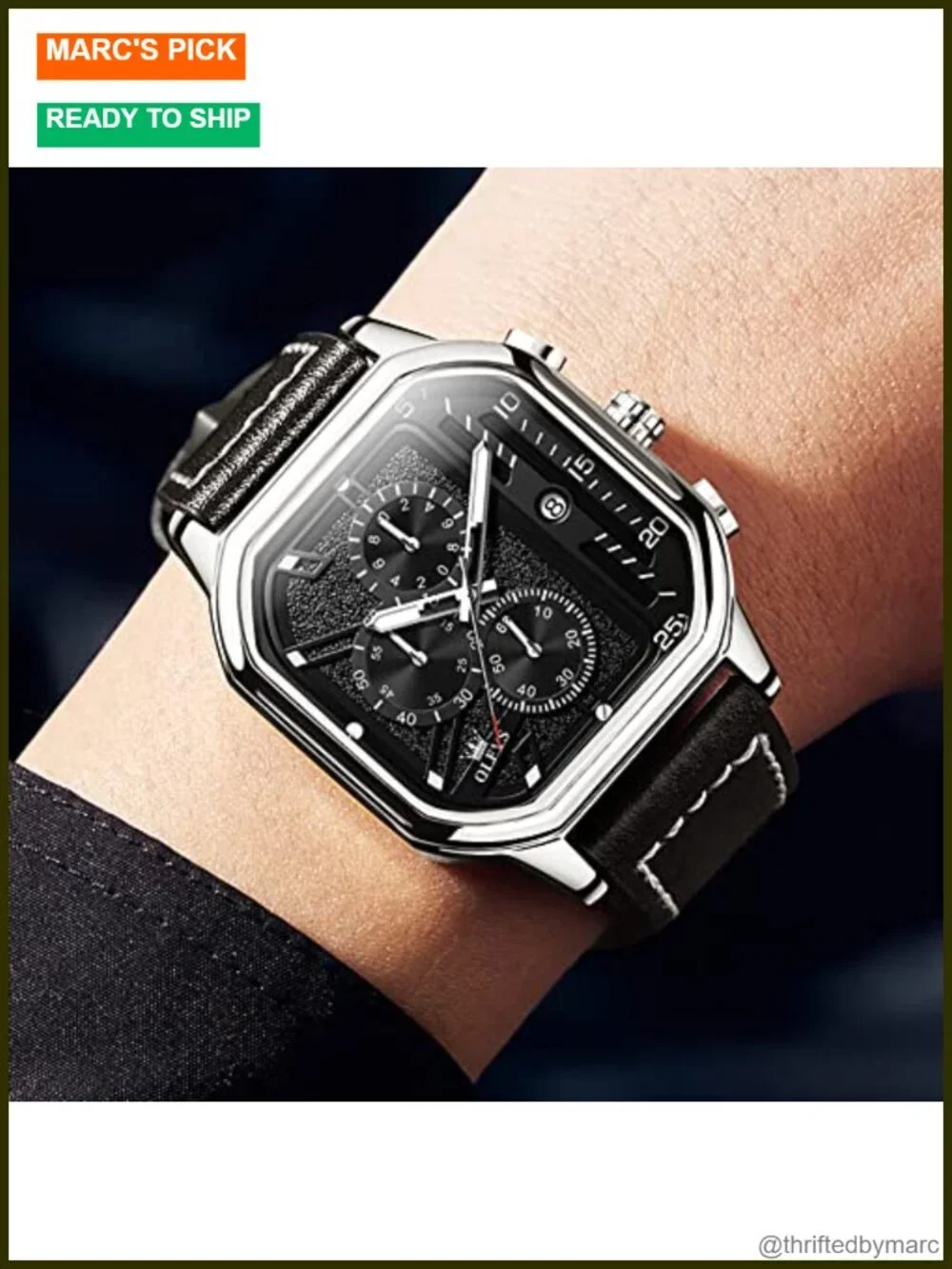 Square Chronograph Quartz Watch Leather Strap Luminous Waterproof Business